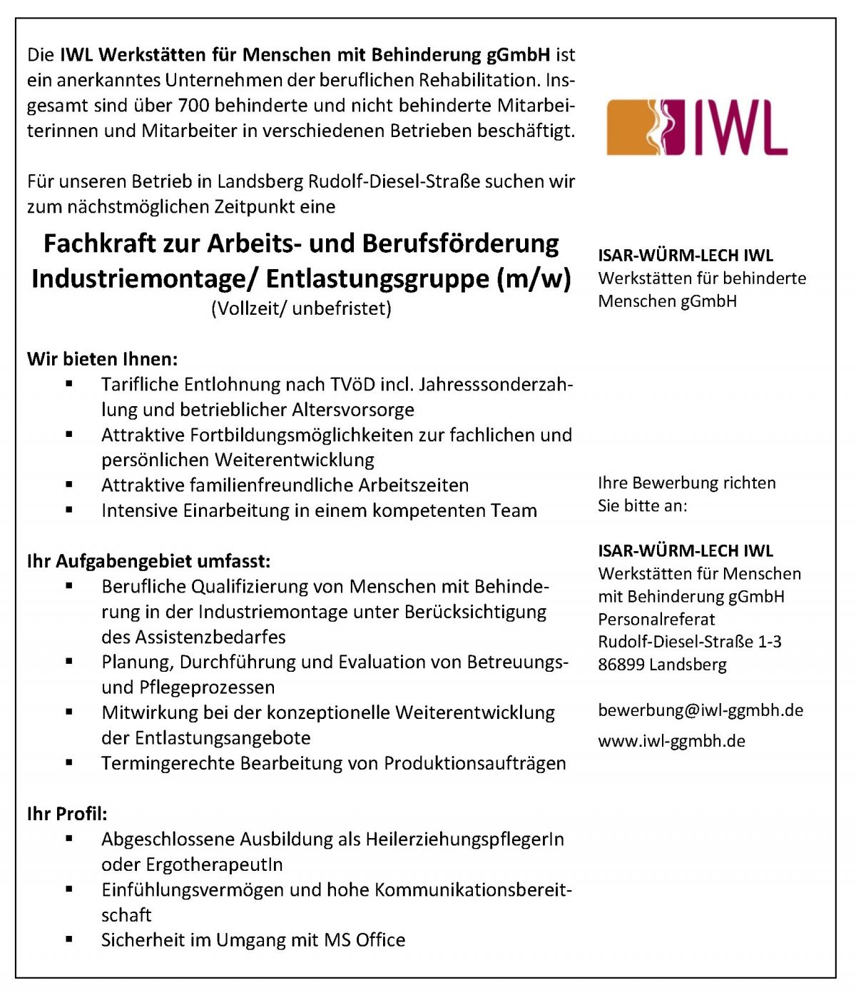 fachkraft zur arbeits und berufsfrderung industriemontageentlastungsgruppe mw im betrieb landsberg rds - Bewerbung Heilerziehungspfleger fachkraft zur arbeits und berufsfrderung industriemontageentlastungsgruppe mw im betrieb landsberg rds - Bewerbung Heilerziehungspfleger