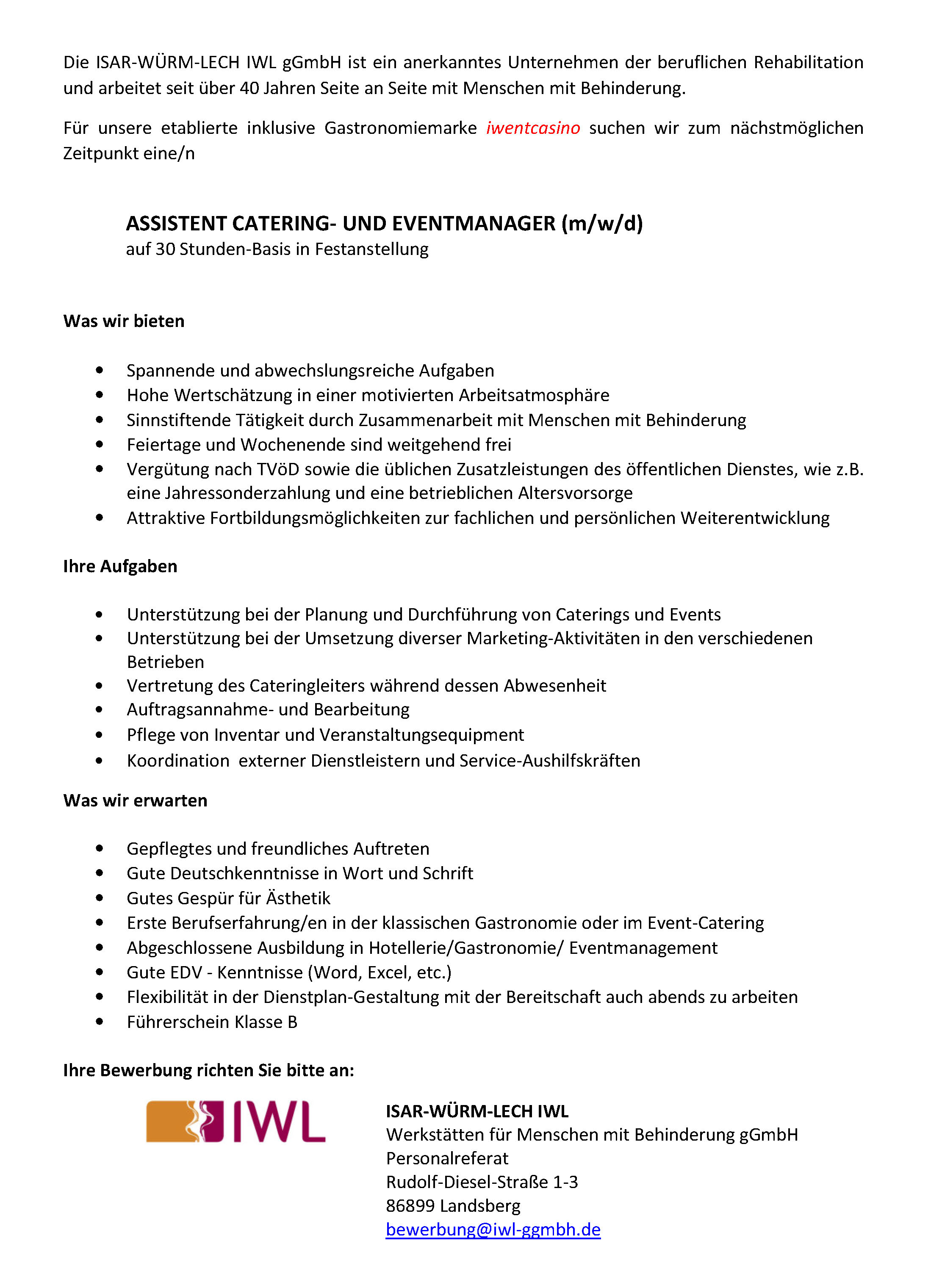 Stellenanzeige Catering-Assistent - IWL