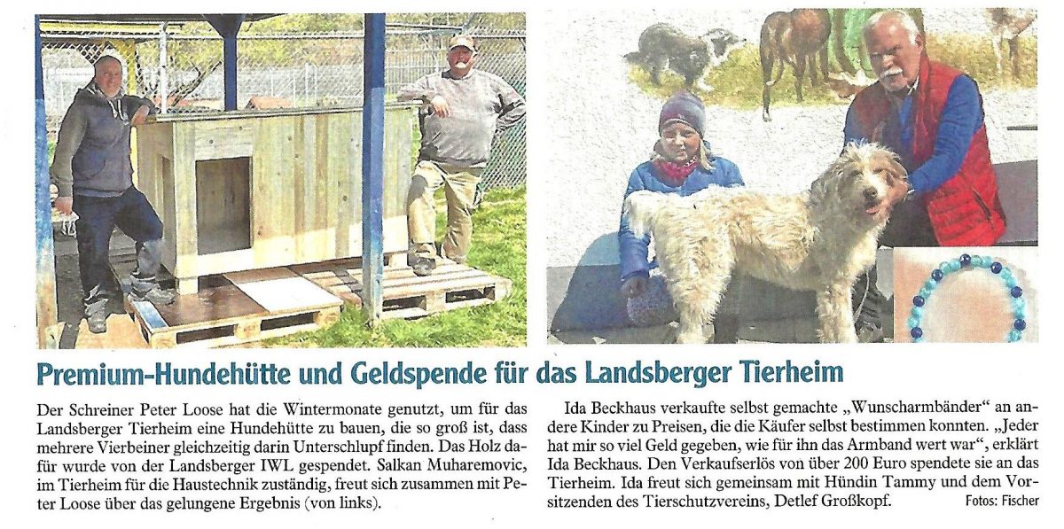 Zeitungsartikel Landsberger Tagblatt über die Spende der IWL, eine Hundehütte für das Tierheim Landsberg